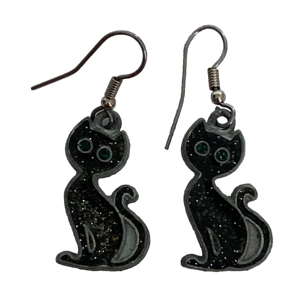 Vintage JD Black Sparkle Cat Silver Tone Drop Dangle Earrings 1" Signed